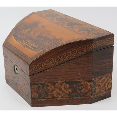 150 - A Tunbridge ware parquetry inlaid letter rack box, late 19th/early 20th century. The hinged cover de... 