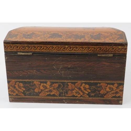 150 - A Tunbridge ware parquetry inlaid letter rack box, late 19th/early 20th century. The hinged cover de... 