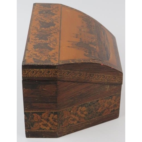 150 - A Tunbridge ware parquetry inlaid letter rack box, late 19th/early 20th century. The hinged cover de... 