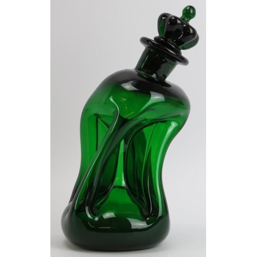 162 - A Jacob Bang for Holmegaard tipsy ‘Kluk Kluk’ pinched green glass decanter, mid 20th century. 23.2 c... 