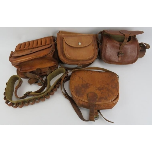 184 - Four brown leather hunting and cartridge bags and a cartridge belt. (5 items).
Condition report: Som... 