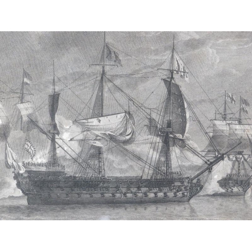 213 - An engraving depicting a British and French naval battle, late 18th century. Entitled’ The Close of ... 