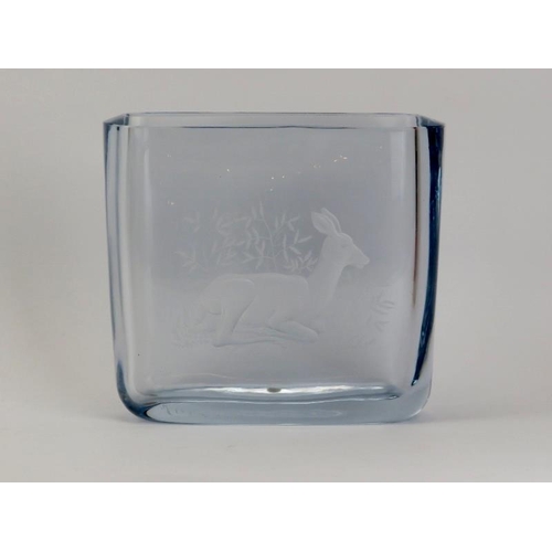 230 - A Strombergshyttan Swedish ice coloured crystal glass vase engraved with a recumbent deer, 20th cent... 