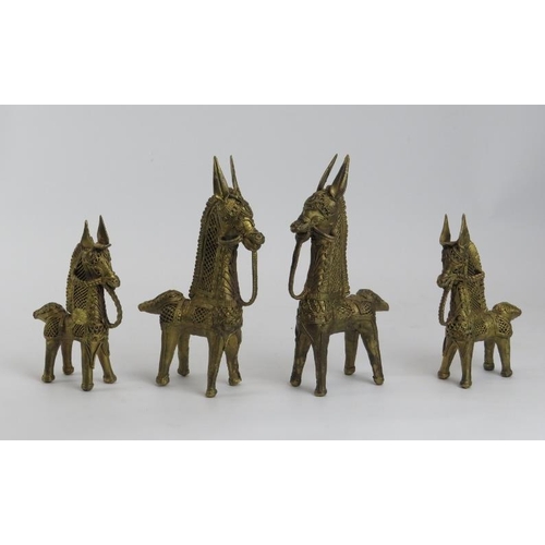 245 - Two pairs of Indian Dhokra metalware stylised horse figures, 20th century. (4 items) 20.4 cm tallest... 