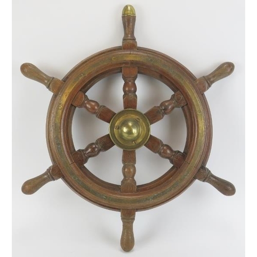 26 - Maritime: An oak and brass six spoke ship’s wheel, probably late 19th/early 20th century. 62.5 cm wi... 