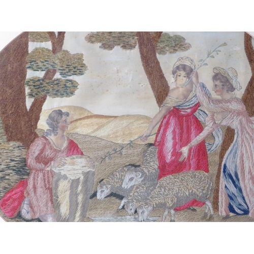 284D - Two Georgian period silk woven and painted figural scenes. Framed and glazed. 34 cm x 41 cm, 29 cm x... 