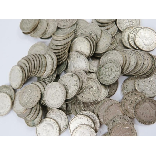 302 - A large quantity of silver threepence pieces from Queen Victoria to King George VI. Gross weight 614... 