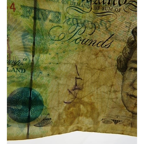 309 - Five obsolete British decimal paper banknotes including a G M Gill £5 note with watermark error show... 