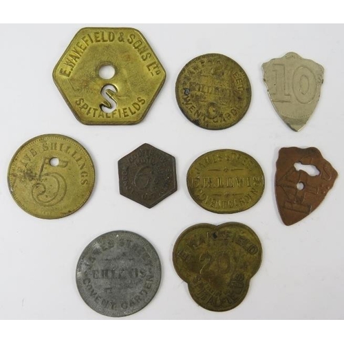 310 - Five mixed Covent Garden Market trade tokens and four Spitalfields Market trade tokens.  Various sha... 