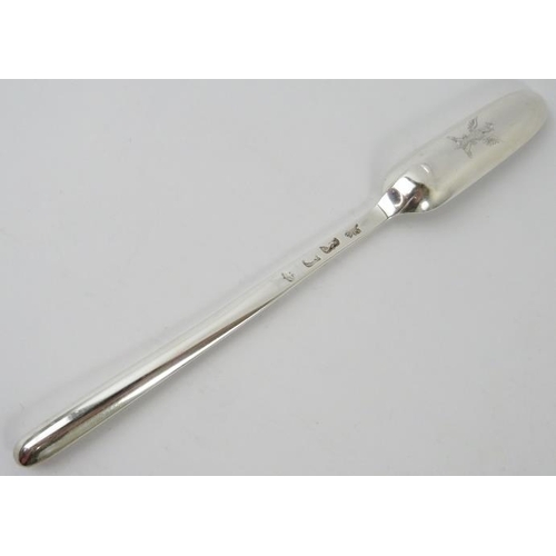 311 - George III silver marrow scoop with engraved griffin crest. Hallmarks rubbed. Length 20.5cm, gross w... 