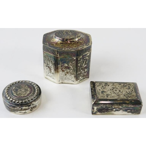 312 - A mixed lot including a Dutch silver peppermint box, 2 white metal pill boxes, an unmarked albertina... 