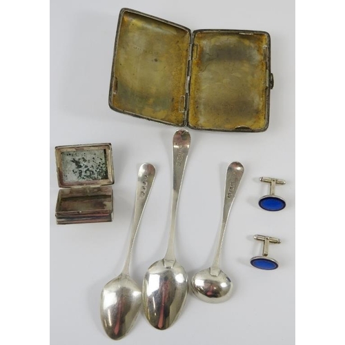 323 - Mixed silver items including a cigarette case, two bracelets including Links, three spoons, pill box... 