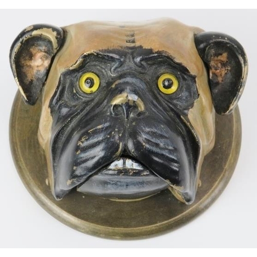 33 - A vintage cold painted brass bulldog reception desk bell. Modelled with glass eyes, mechanical ears ... 