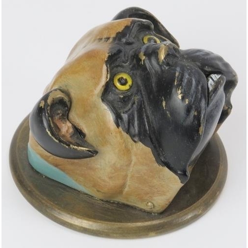 33 - A vintage cold painted brass bulldog reception desk bell. Modelled with glass eyes, mechanical ears ... 