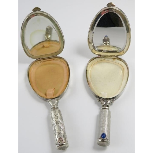 331 - Two novelty Italian silver mirror shaped powder compacts with lipstick holder handles.  Each marked ... 