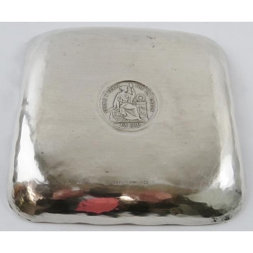 332 - A square planished silver dish with inset Peruvian 1882 9 Decimos coin. 15.5cm x 15.5cm. Marked 925 ... 