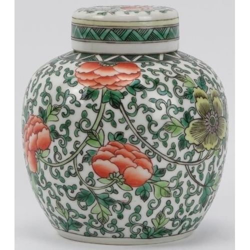 4 - A Chinese famille verte ginger jar, late 19th/early 20th century. Overglaze decorated with flowers a... 