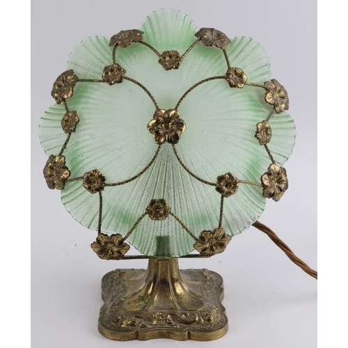 44 - A vintage gilt metal and green glass lotus pad table lamp, early/mid 20th century. Decorated with gi... 