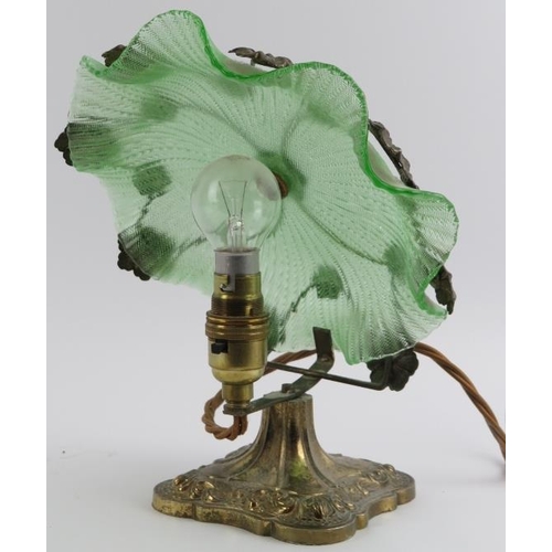 44 - A vintage gilt metal and green glass lotus pad table lamp, early/mid 20th century. Decorated with gi... 