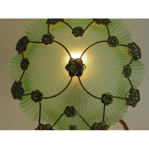 44 - A vintage gilt metal and green glass lotus pad table lamp, early/mid 20th century. Decorated with gi... 