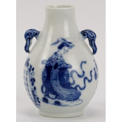 5 - A Chinese blue and white porcelain vase, 19th century. Of pear shaped form with elephant’s head twin... 