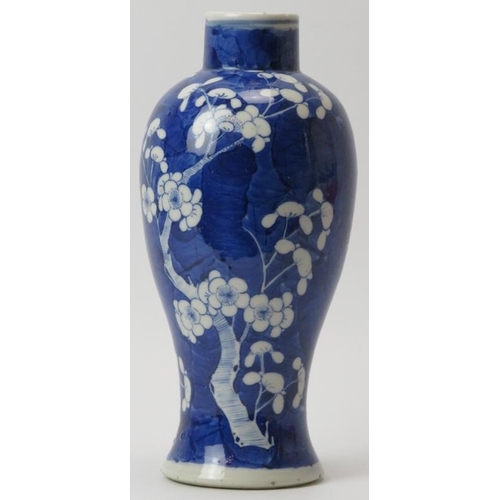 61 - A Chinese blue and white porcelain meiping vase, 19th century. Decorated with blossoming prunus agai... 