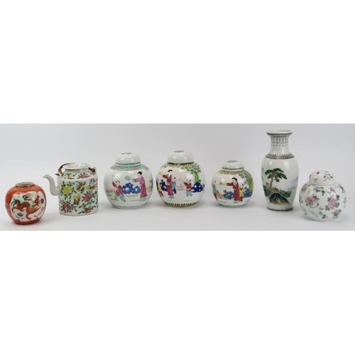 7 - A group of Chinese porcelain ginger jars, a vase and teapot, 20th century. (8 items) Vase: 20.7 cm h... 