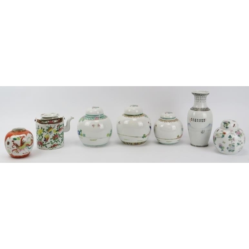 7 - A group of Chinese porcelain ginger jars, a vase and teapot, 20th century. (8 items) Vase: 20.7 cm h... 