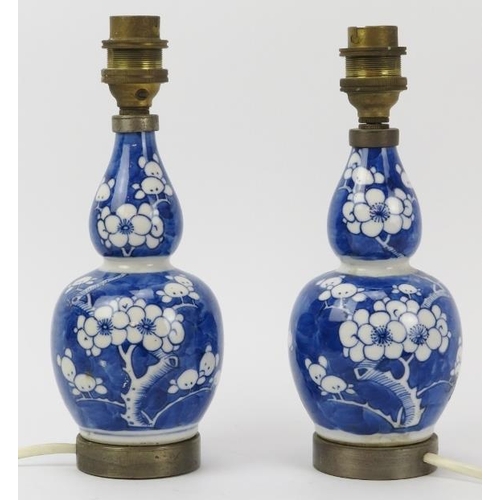 8 - Two Chinese blue and white porcelain double gourd vase table lamps, 19th century and later converted... 