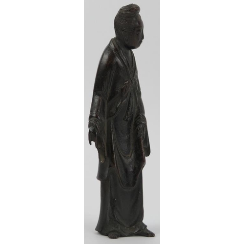 92 - A Chinese bronze figural statue, Qing dynasty. Possibly an interpretation of Lu Dongbin. 17.7 cm hei... 