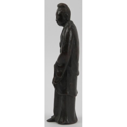 92 - A Chinese bronze figural statue, Qing dynasty. Possibly an interpretation of Lu Dongbin. 17.7 cm hei... 