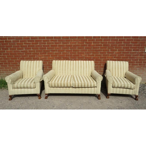 719 - An antique mahogany Georgian Revival 3-piece lounge suite, reupholstered in neutral striped material... 