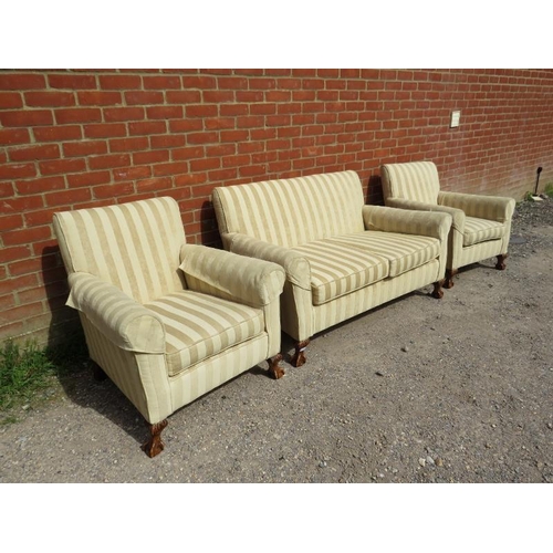 719 - An antique mahogany Georgian Revival 3-piece lounge suite, reupholstered in neutral striped material... 