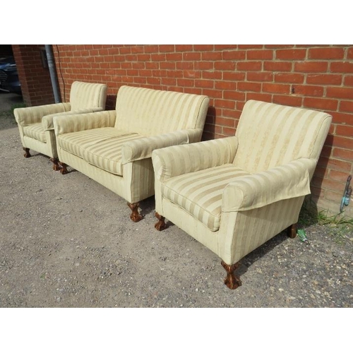 719 - An antique mahogany Georgian Revival 3-piece lounge suite, reupholstered in neutral striped material... 