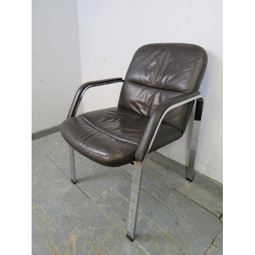 747 - A vintage desk chair by Klober, upholstered in supple brown leather, on chrome supports. 
H85cm W61c... 