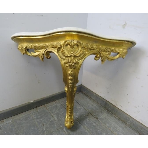 750 - A 19th century French giltwood console table, the loose white marble top on a giltwood base with pro... 