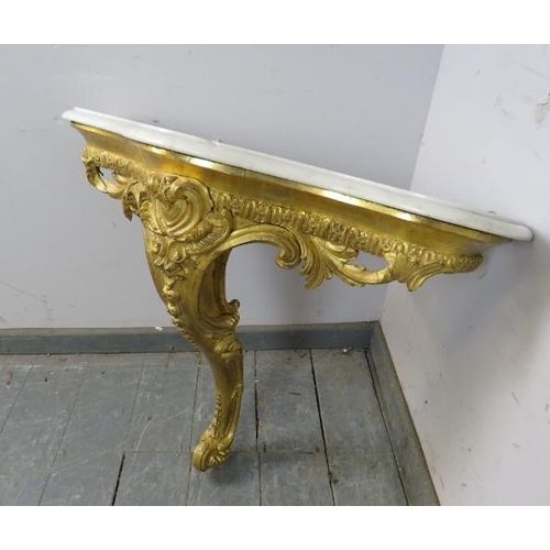 750 - A 19th century French giltwood console table, the loose white marble top on a giltwood base with pro... 