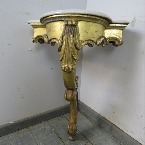 751 - A 19th century French giltwood console table, the shaped white marble loose top on a giltwood base w... 