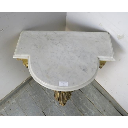 751 - A 19th century French giltwood console table, the shaped white marble loose top on a giltwood base w... 