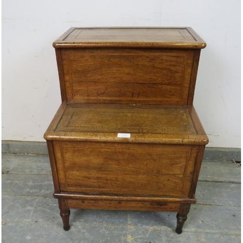 756 - A set of Edwardian mahogany library steps, having inset gilt tooled brown leather treads and satinwo... 