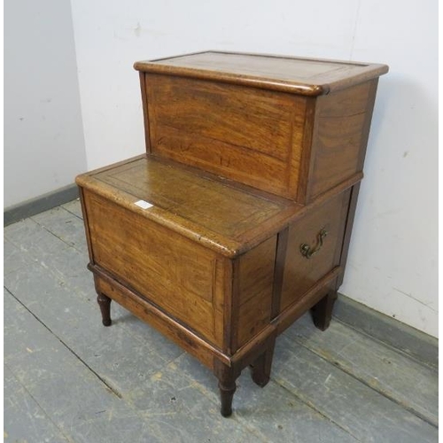 756 - A set of Edwardian mahogany library steps, having inset gilt tooled brown leather treads and satinwo... 