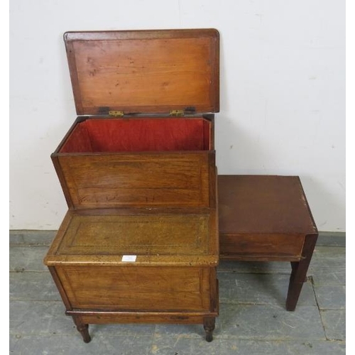 756 - A set of Edwardian mahogany library steps, having inset gilt tooled brown leather treads and satinwo... 