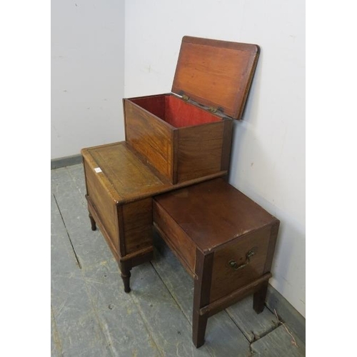 756 - A set of Edwardian mahogany library steps, having inset gilt tooled brown leather treads and satinwo... 