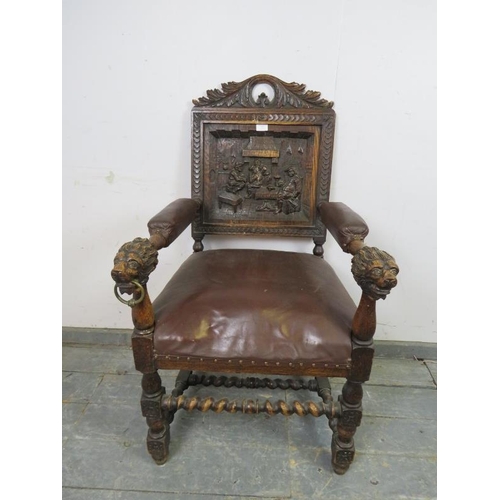 773 - A 19th century oak throne chair, the acanthus carved cornice above a back panel with relief carved d... 