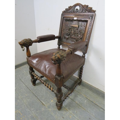 773 - A 19th century oak throne chair, the acanthus carved cornice above a back panel with relief carved d... 