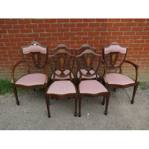 792 - A set of six (4+2) Edwardian mahogany marquetry inlaid dining chairs, reupholstered in a Regency str... 