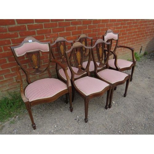 792 - A set of six (4+2) Edwardian mahogany marquetry inlaid dining chairs, reupholstered in a Regency str... 