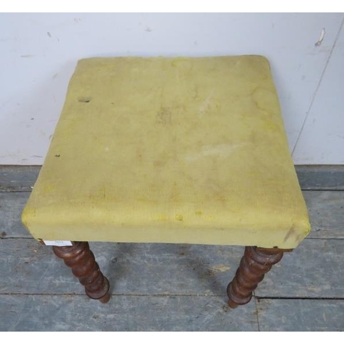 802 - A small 19th century walnut stool, upholstered in pale yellow damask, on tapering barley twist suppo... 