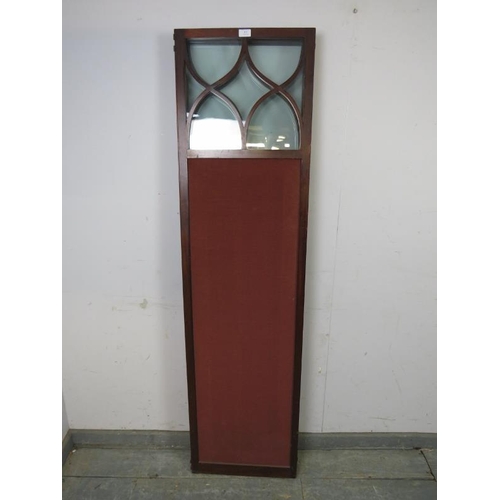 805 - An Edwardian mahogany 3-section folding modesty screen, the glazed upper section with tracery decora... 