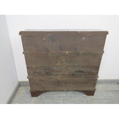 836 - A small vintage pine flat topped trunk, having metal bound corners and recessed handles to either si... 